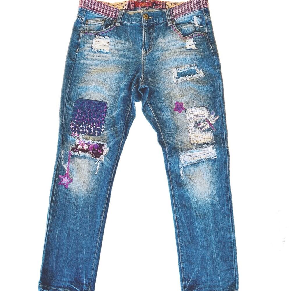 Womens SZ 10 Reworked boho embellished patchwork festival jeans midrise straight